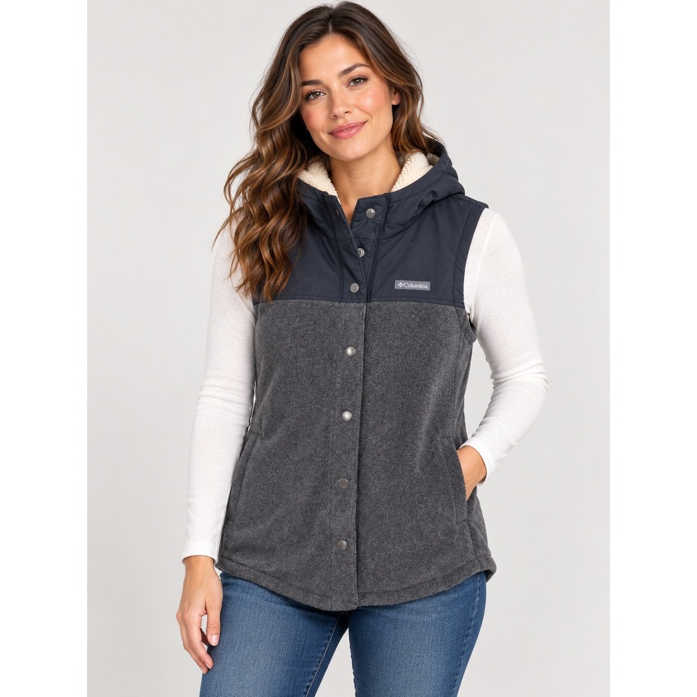 Columbia Women's Black Gray Hooded Fleece Vest Med Snap Front Sherpa Lined Hood